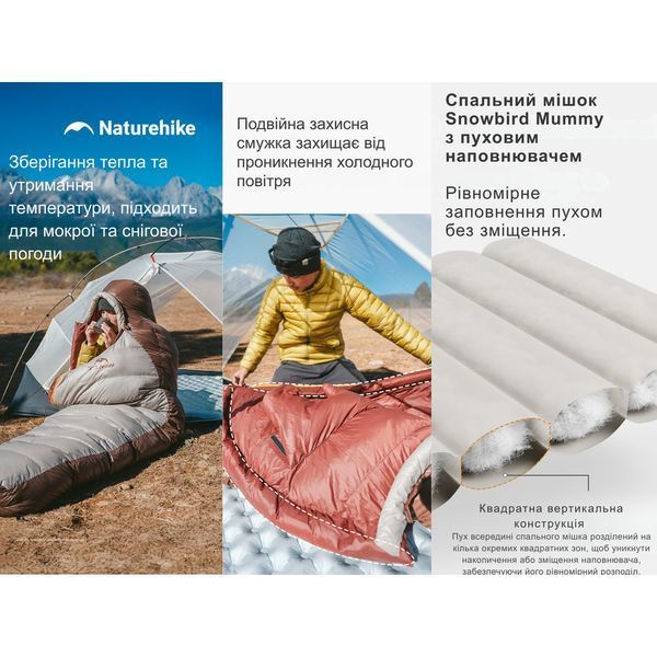Спальник з натуральним пухом Naturehike Snowbird CNK2550WS014, p-р L, коричневий 400 г 71464 фото