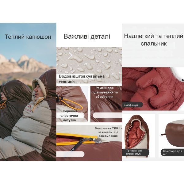 Спальник з натуральним пухом Naturehike Snowbird CNK2550WS014, p-р M, темно-коричневий 400 г 71465 фото