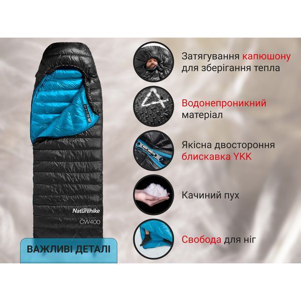 Спальник з натуральним пухом Naturehike CW400 NH18C400-D, p-р M, жовто-сірий 71474 фото