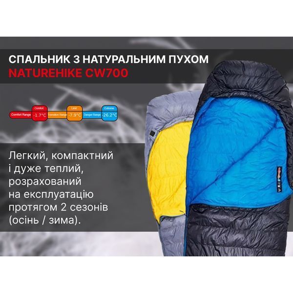 Спальник з натуральним пухом Naturehike CW700 CNK2450WS048, p-р M, чорно-блакитний 71506 фото